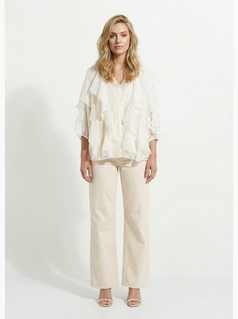Blouse col V boutonnée à volants - AFIBEL Blanc - Kiabi