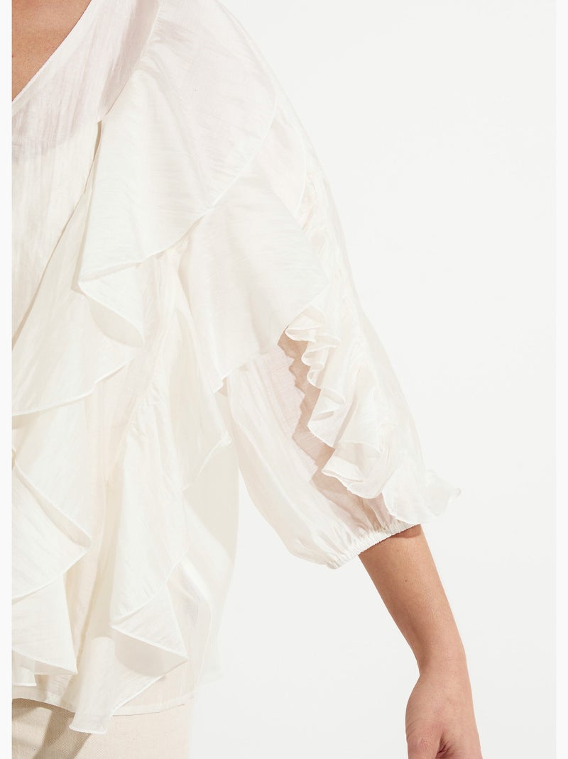 Blouse col V boutonnée à volants - AFIBEL Blanc - Kiabi