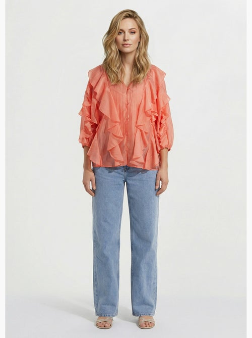 Blouse col V boutonnée à volants - AFIBEL - Kiabi