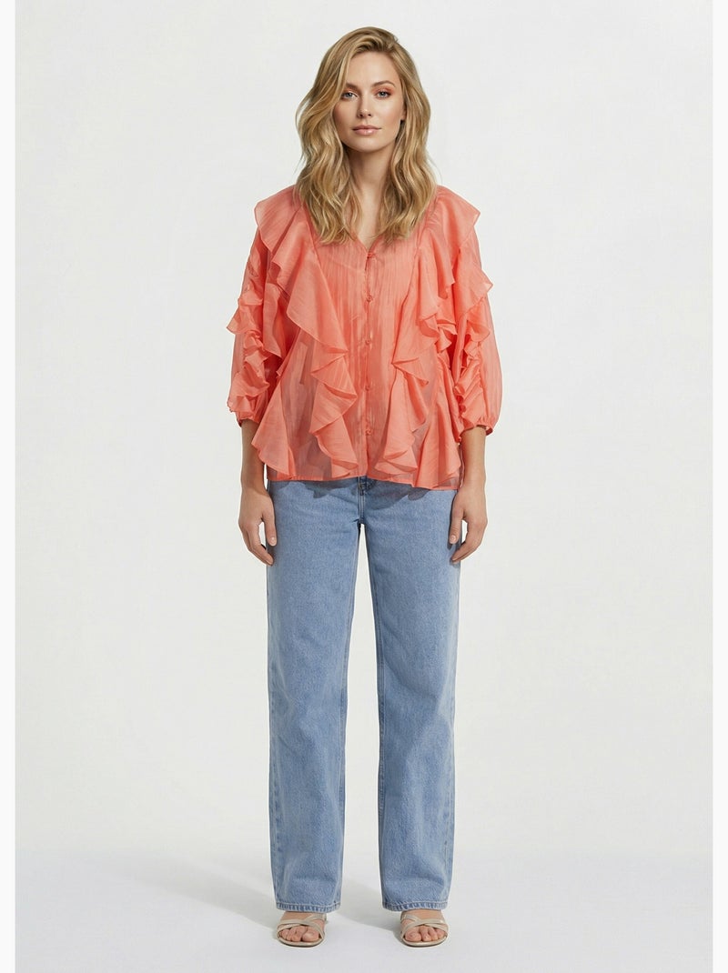 Blouse col V boutonnée à volants - AFIBEL Corail - Kiabi