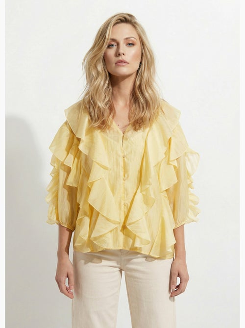 Blouse col V boutonnée à volants - AFIBEL - Kiabi