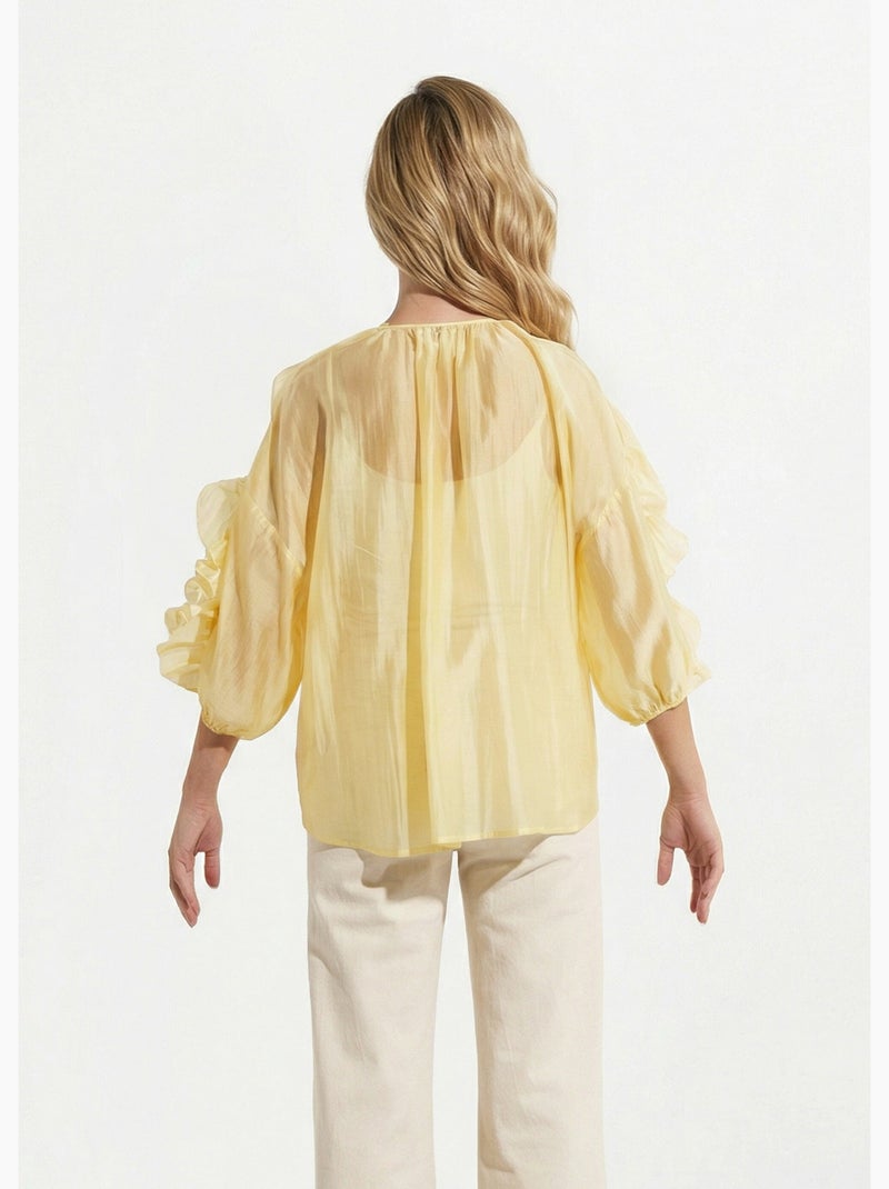 Blouse col V boutonnée à volants - AFIBEL Jaune - Kiabi