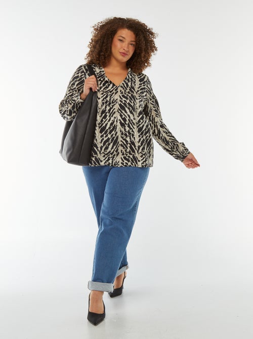 Blouse col v et manches longues à motif - Kiabi