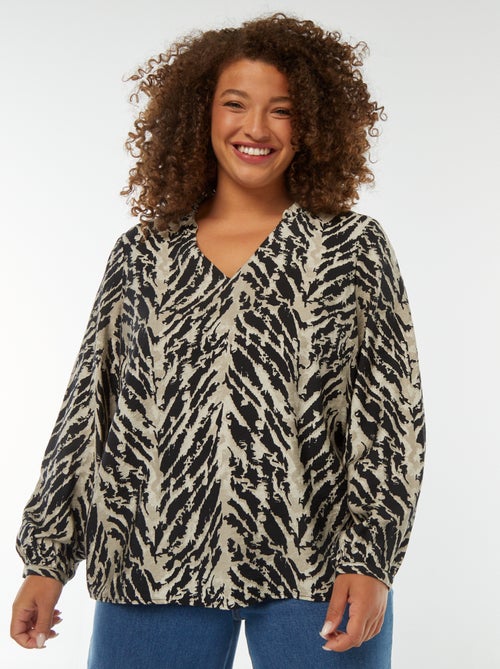 Blouse col v et manches longues à motif - Kiabi