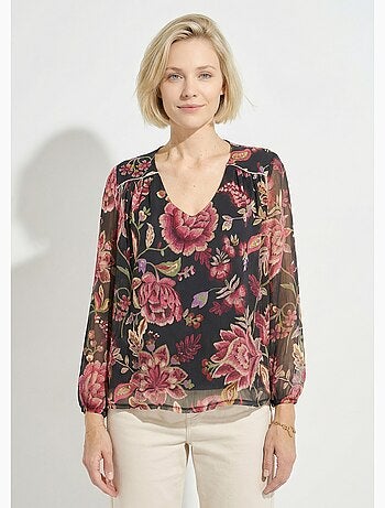 Blouse col V manches longues voile fleuri - Afibel