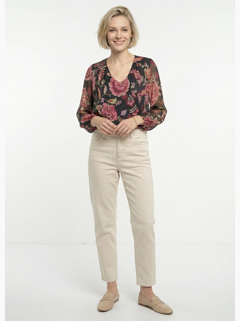 Blouse col V manches longues voile fleuri - Afibel Noir - Kiabi