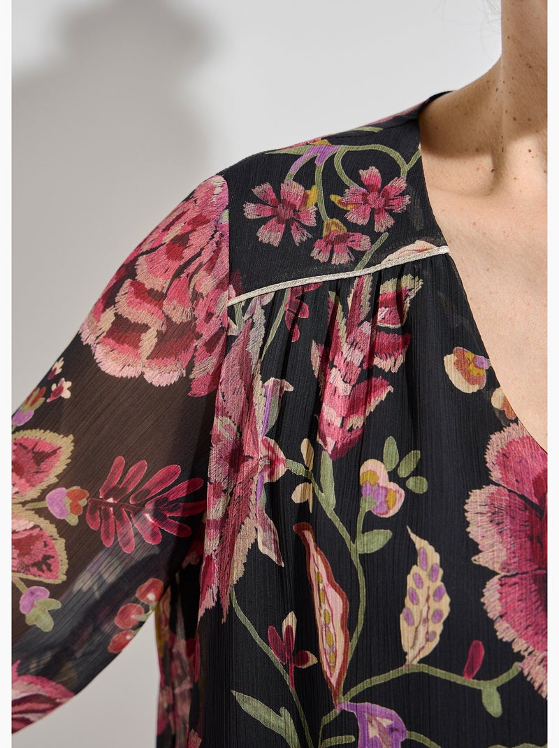 Blouse col V manches longues voile fleuri - Afibel Noir - Kiabi