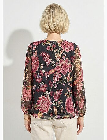 Blouse col V manches longues voile fleuri
