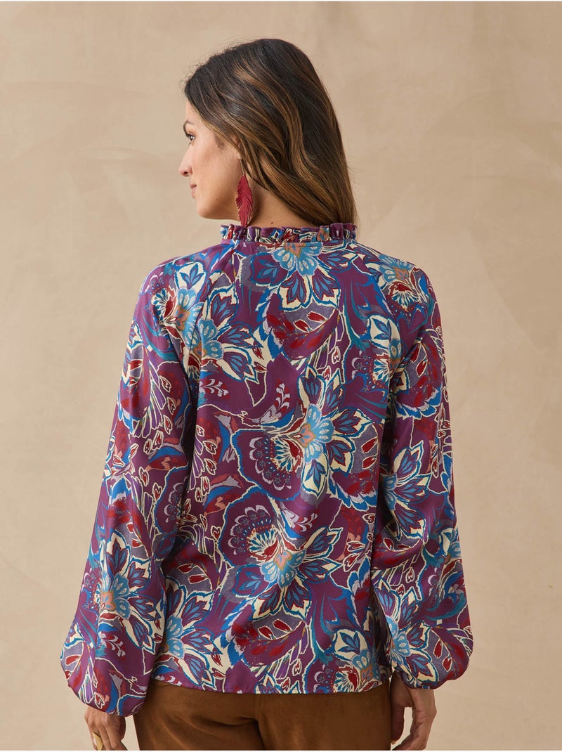 Blouse col volanté - daxon Bleu Multicolore - Kiabi