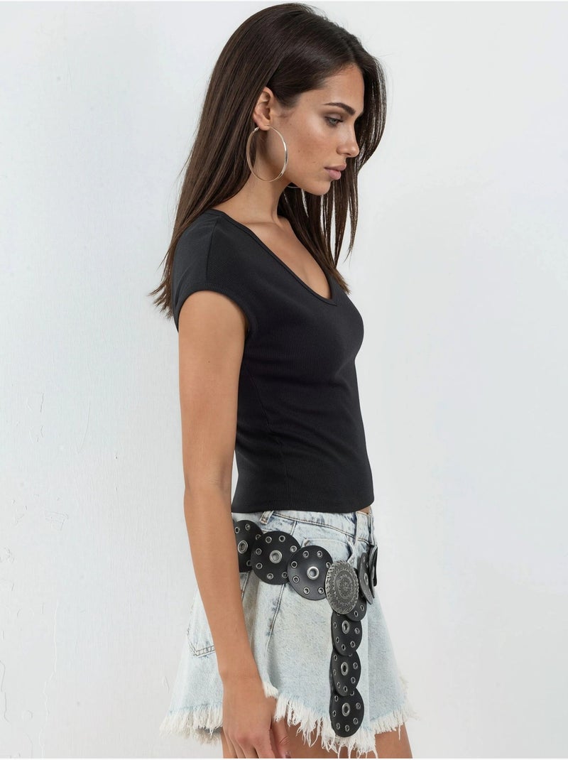 Blouse côtelée à col v busem Noir - Kiabi