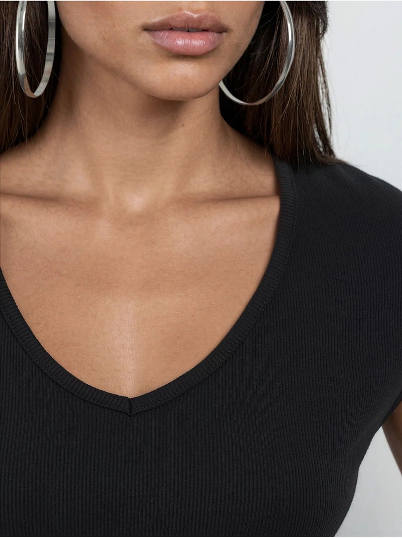 Blouse côtelée à col v busem Noir - Kiabi
