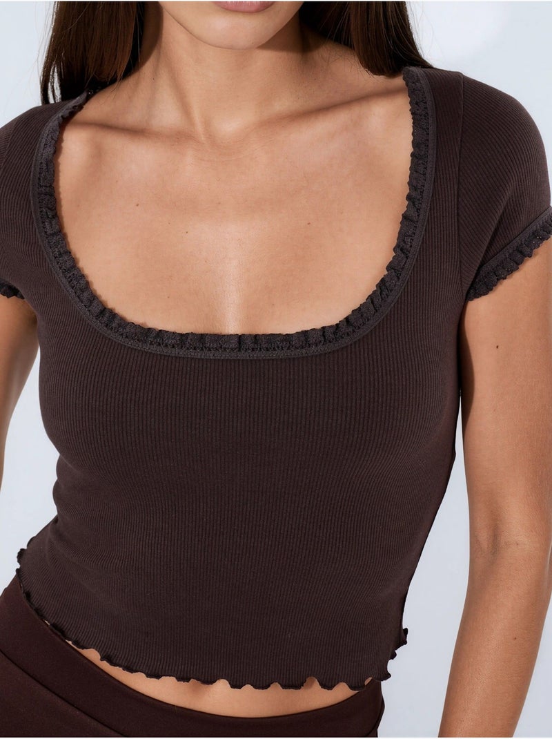 Blouse côtelée à encolure en u coupe slim busem Marron chocolat - Kiabi