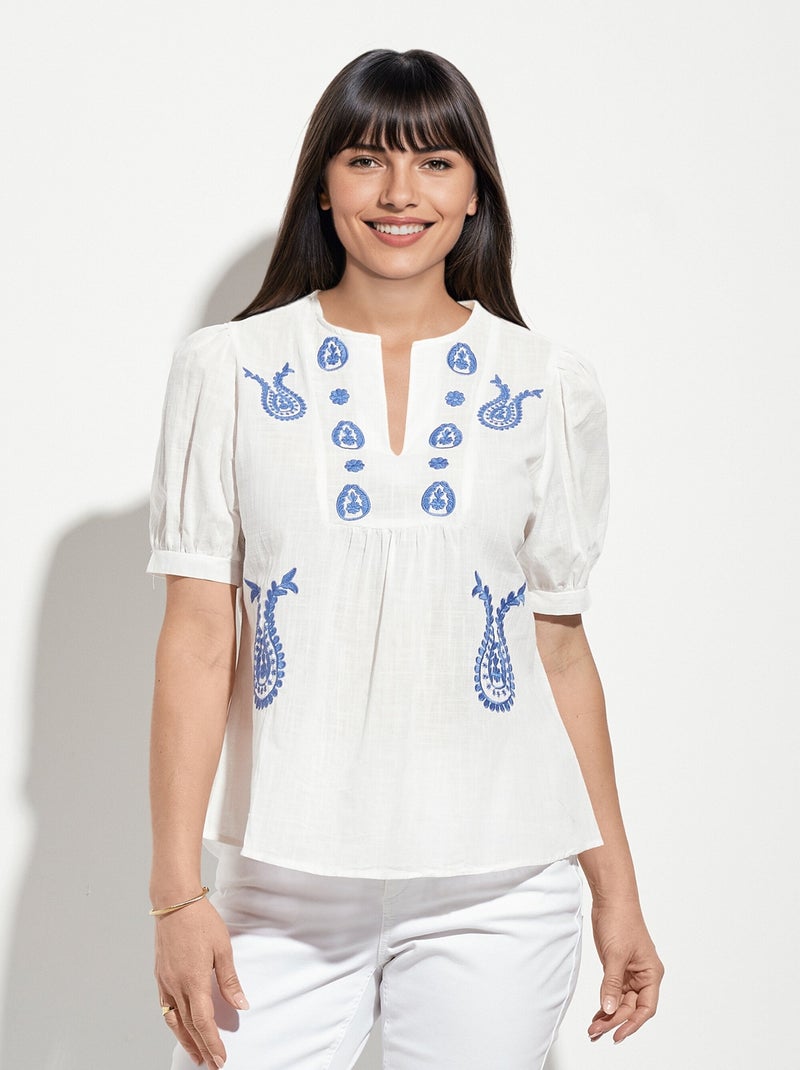 Blouse coton chic broderies contrastées Blanc - Kiabi