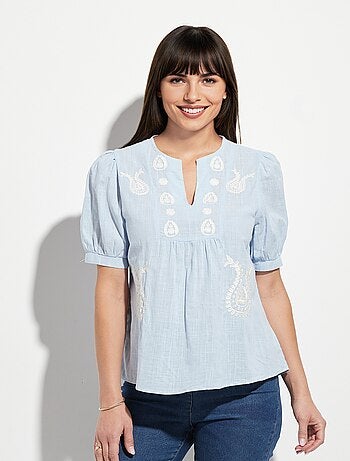 Blouse coton chic broderies contrastées
