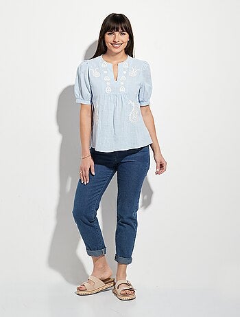 Blouse coton chic broderies contrastées