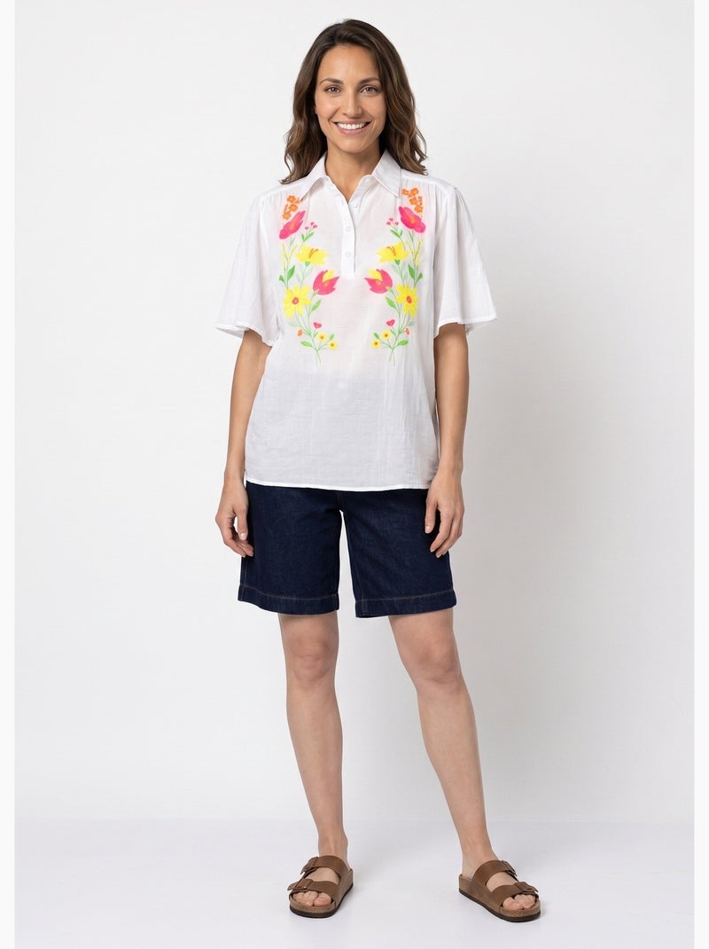 Blouse coton léger, broderies fluo - AFIBEL Blanc Multicolore - Kiabi