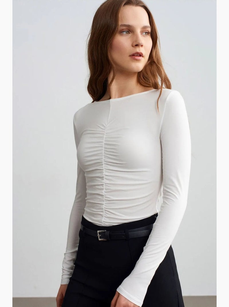 Blouse coupe ajustée à col bateau et manches longues dilvin Ecru - Kiabi