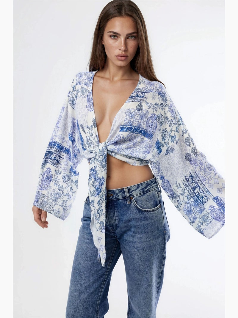 Blouse courte à col en v imprimé cachemire détail lien busem Bleu saphir - Kiabi