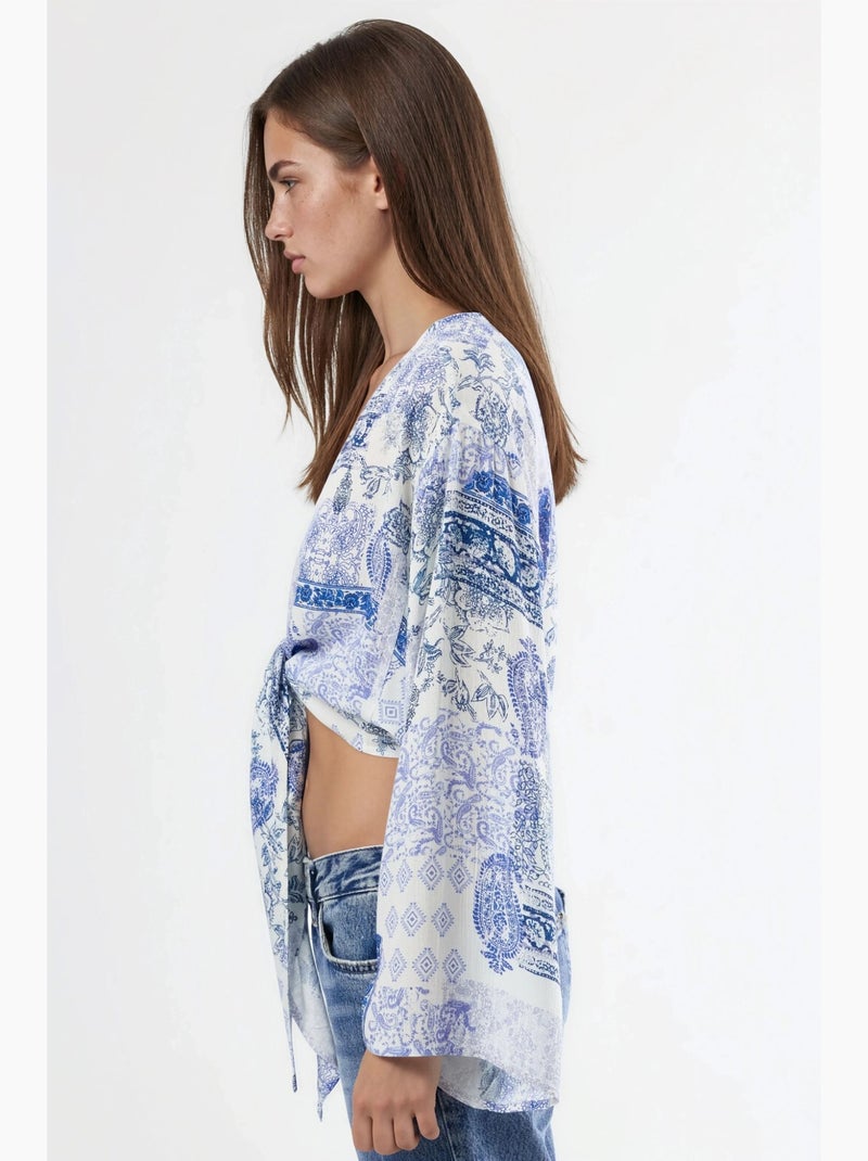 Blouse courte à col en v imprimé cachemire détail lien busem Bleu saphir - Kiabi