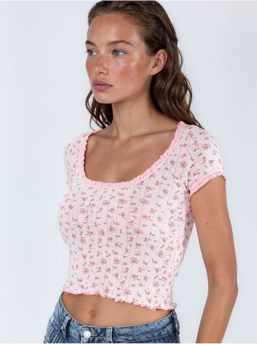 Blouse courte à encolure en u à fleurs avec volants busem - Kiabi Blouse courte à encolure en u à fleurs avec volants busem - Kiabi