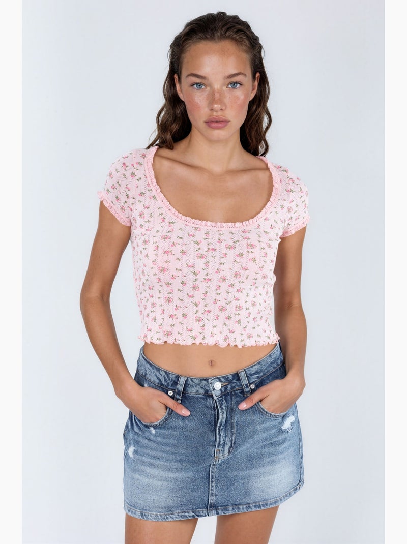 Blouse courte à encolure en u à fleurs avec volants busem Vieux rose - Kiabi