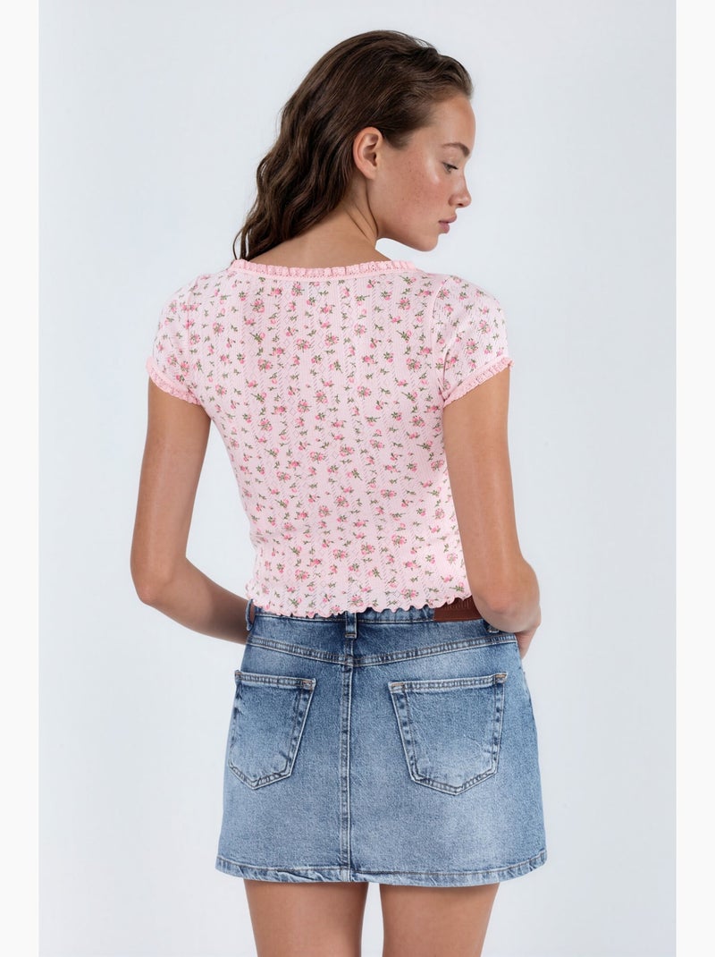 Blouse courte à encolure en u à fleurs avec volants busem Vieux rose - Kiabi