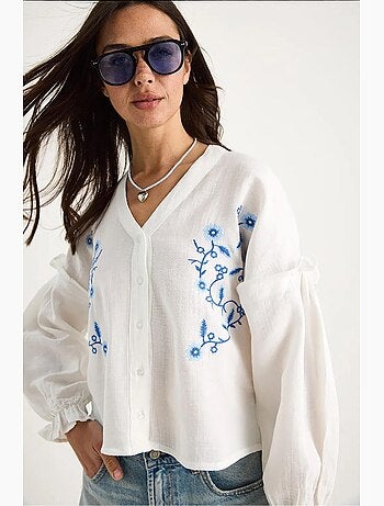 Blouse courte brodée col v lucci