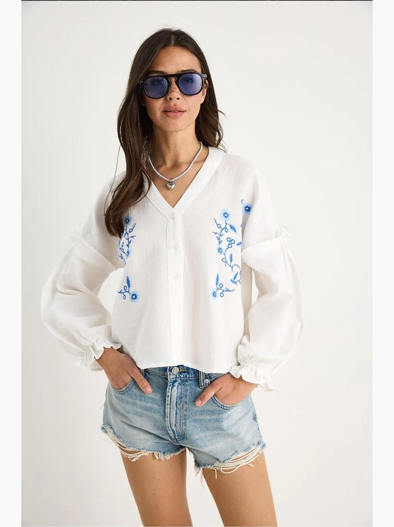 Blouse courte brodée col v lucci Blanc - Kiabi
