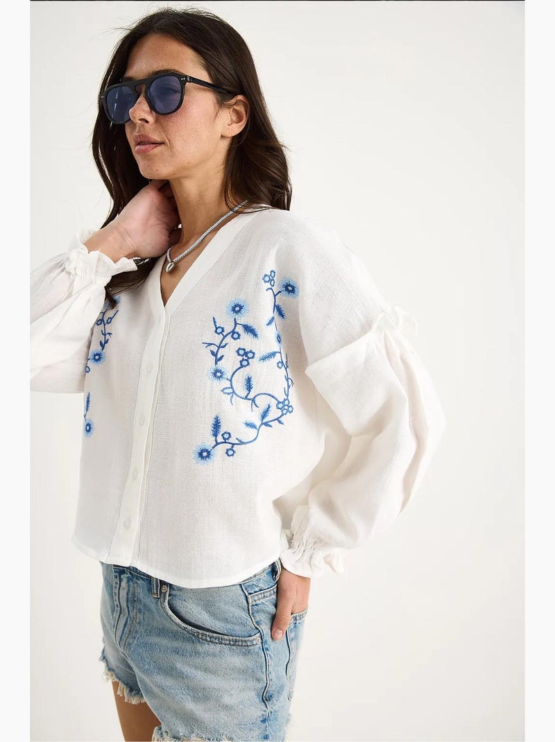 Blouse courte brodée col v lucci Blanc - Kiabi