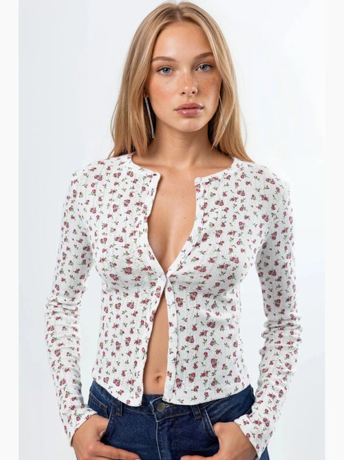 Blouse courte côtelée à fleurs avec fermeture boutonnée busem - Kiabi Blouse courte côtelée à fleurs avec fermeture boutonnée busem - Kiabi