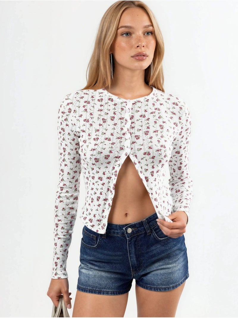 Blouse courte côtelée à fleurs avec fermeture boutonnée busem Blanc - Kiabi