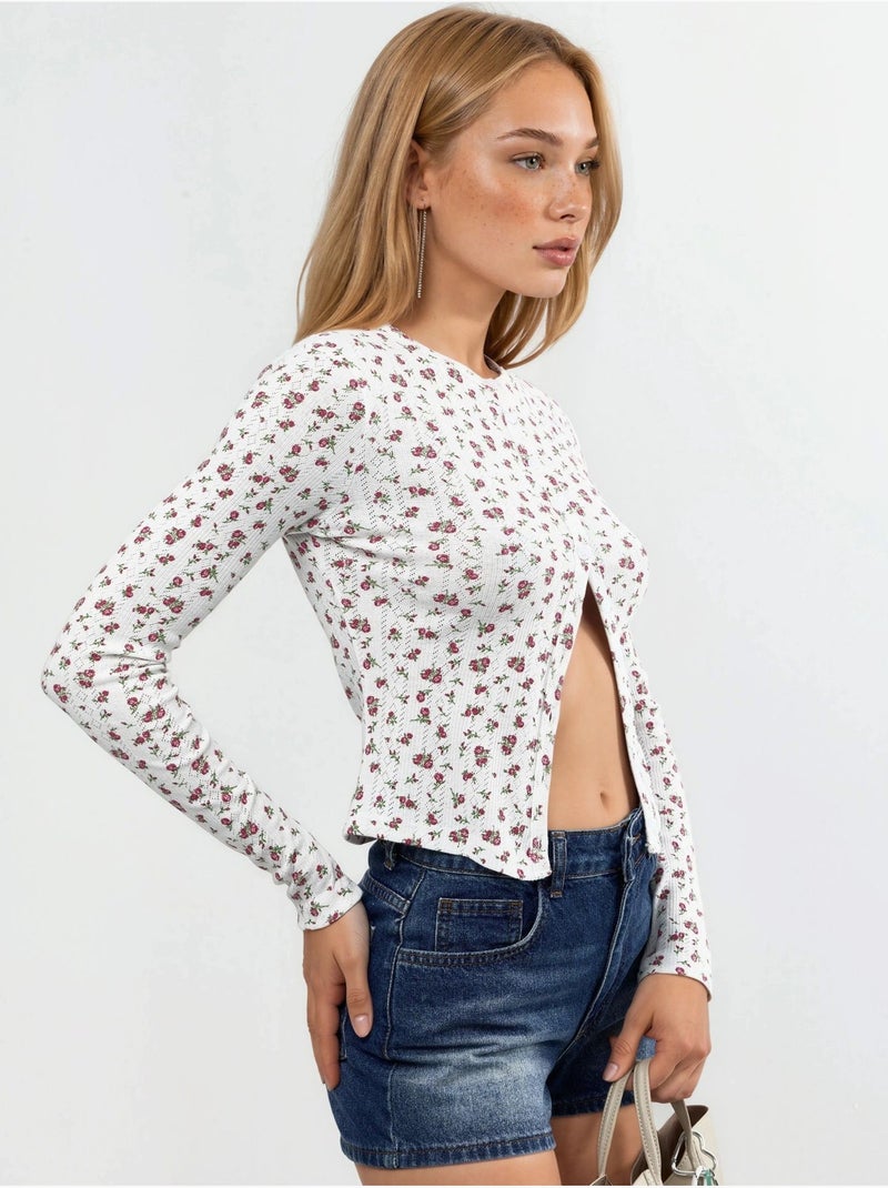 Blouse courte côtelée à fleurs avec fermeture boutonnée busem Blanc - Kiabi