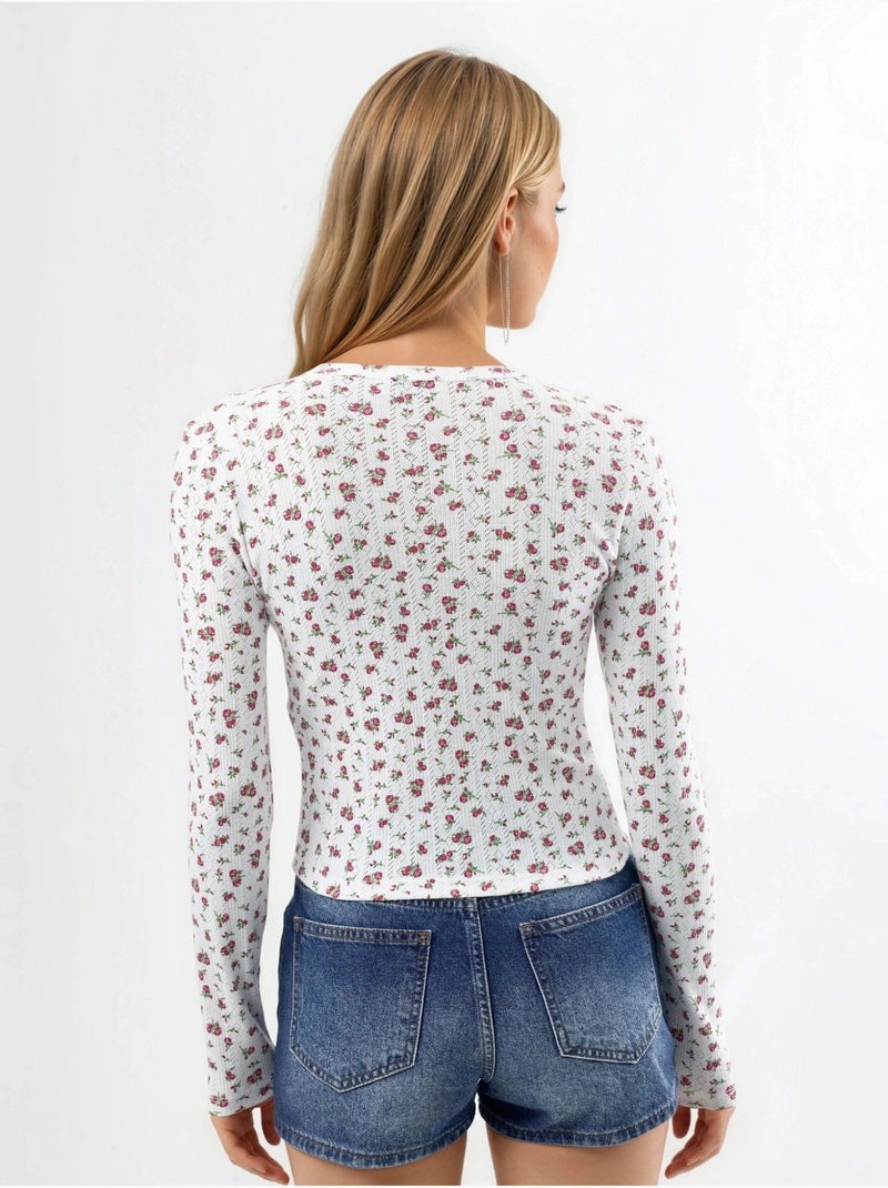 Blouse courte côtelée à fleurs avec fermeture boutonnée busem Blanc - Kiabi