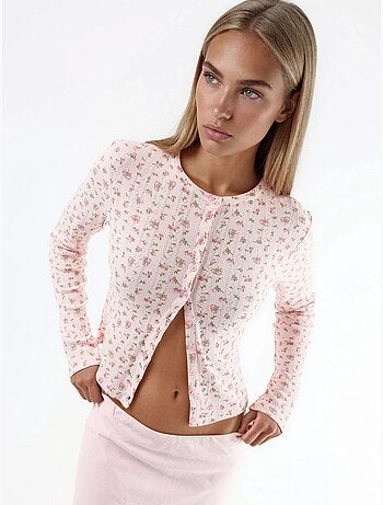 Blouse courte côtelée à fleurs avec fermeture boutonnée busem