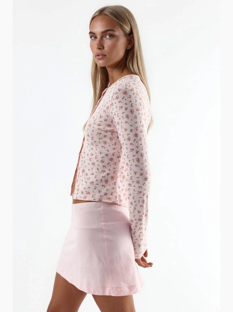 Blouse courte côtelée à fleurs avec fermeture boutonnée busem Rose pâle - Kiabi