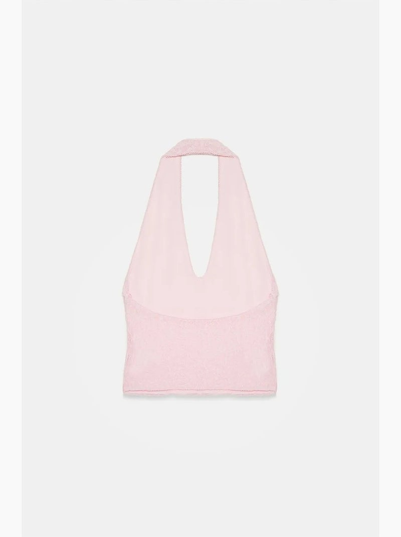Blouse courte en dentelle à col halter dilvin Rose dragée - Kiabi