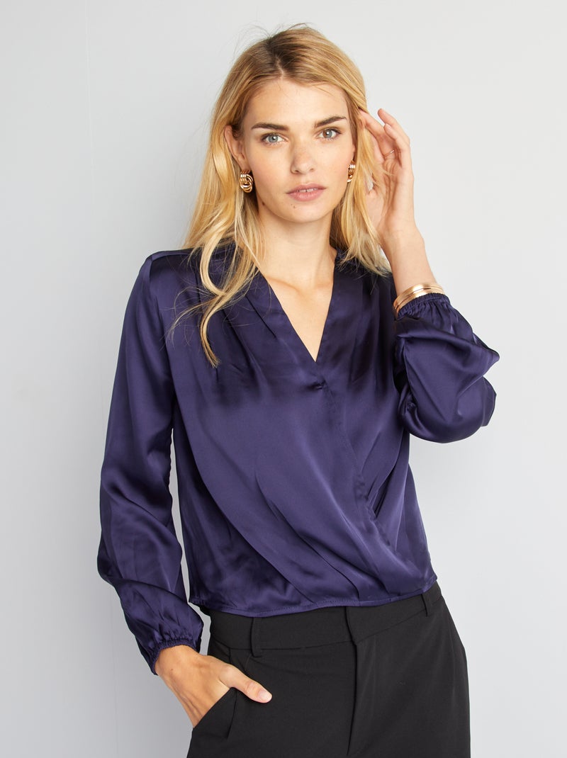 Blouse courte en satin Bleu marine - Kiabi