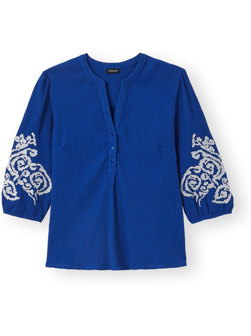 Blouse créponnée manches brodées - DAXON Bleu Bleu - Kiabi