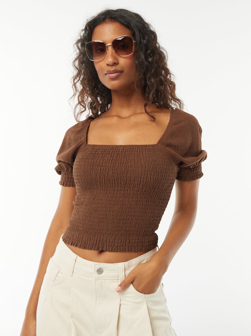 Blouse crop à manches courtes Marron - Kiabi