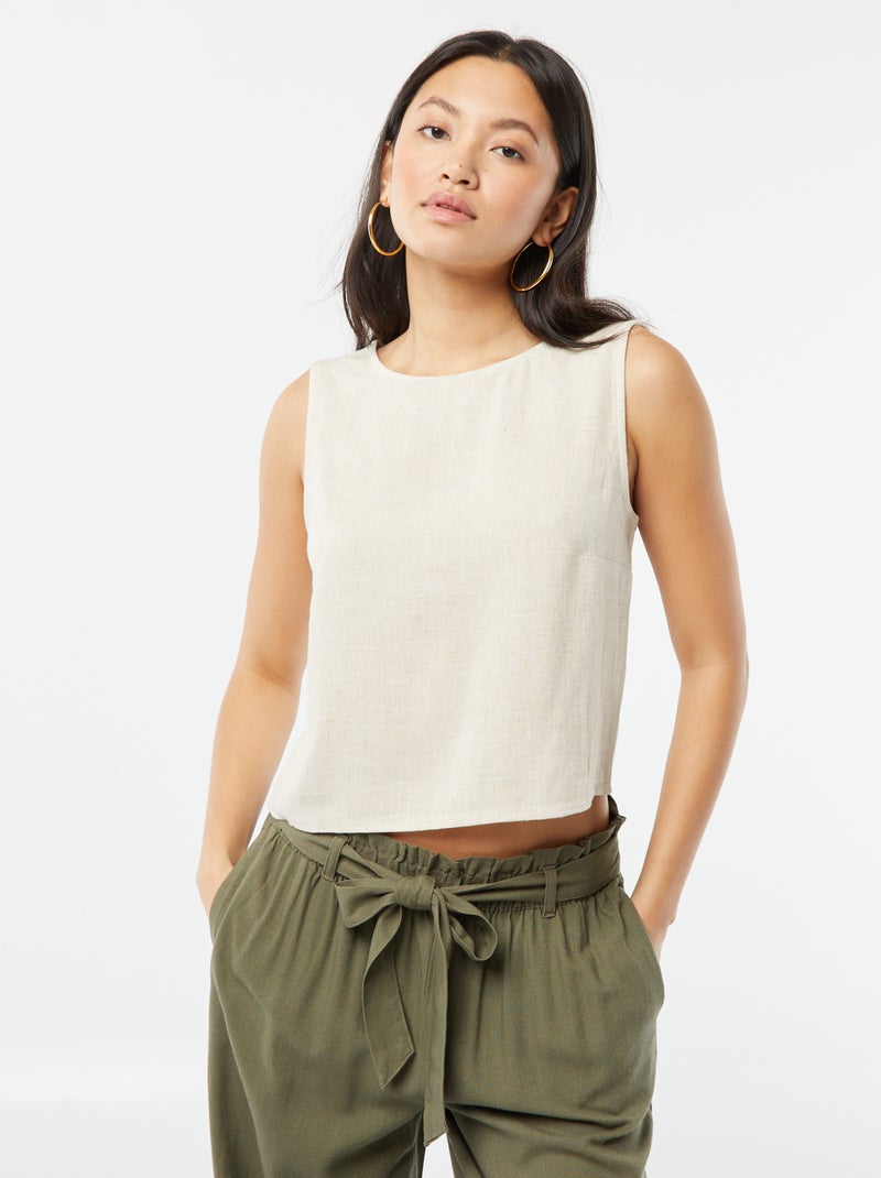 Blouse crop en lin mélangé BLANC - Kiabi