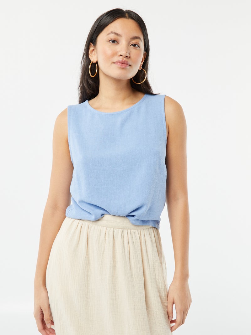Blouse crop en lin mélangé BLEU - Kiabi