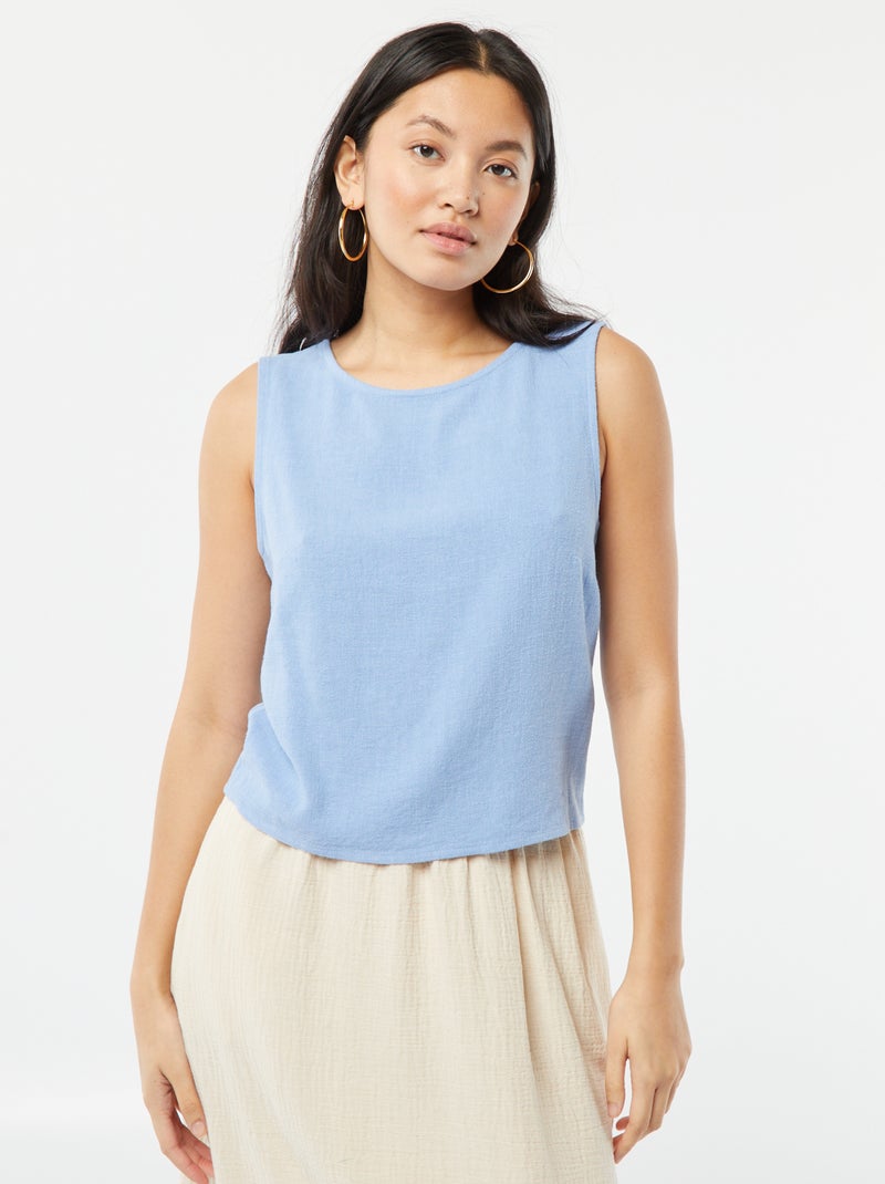Blouse crop en lin mélangé BLEU - Kiabi