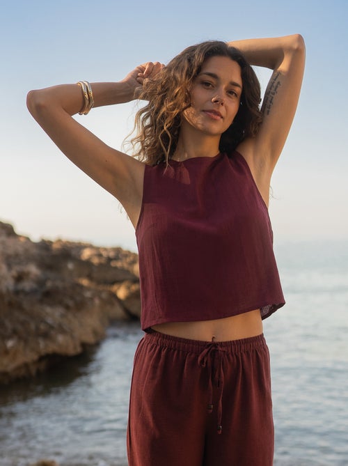 Blouse crop en lin mélangé sans manches - Kiabi