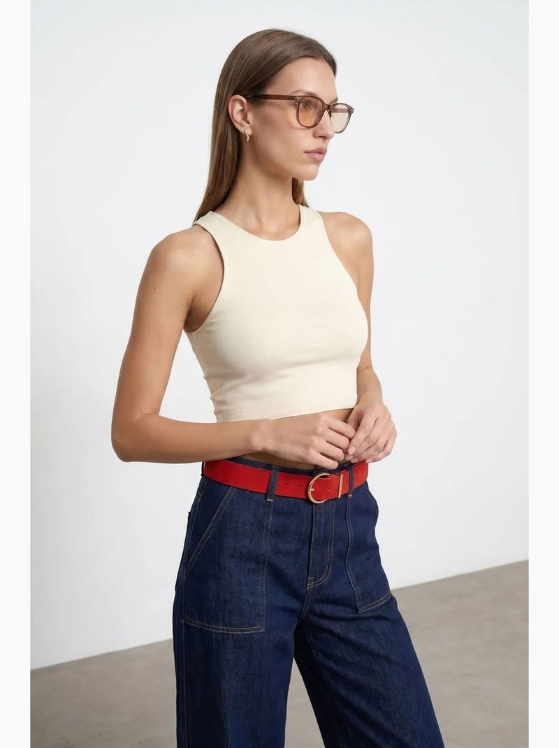 Blouse crop sans manches côtelée dilvin Sable - Kiabi