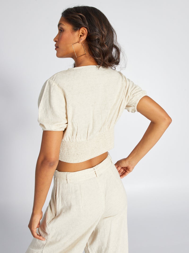 Blouse crop top en lin et décolleté plongeant Beige - Kiabi