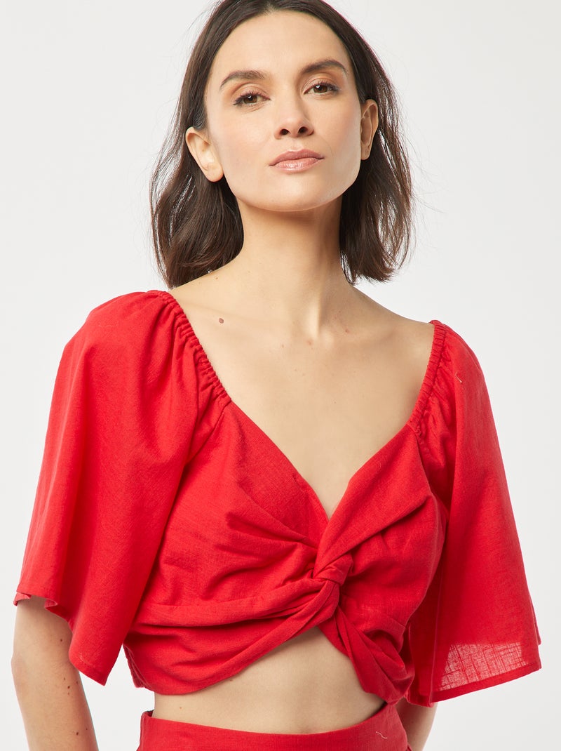 Blouse cropped avec noeud fantaisie et manches forme papillon ROUGE - Kiabi