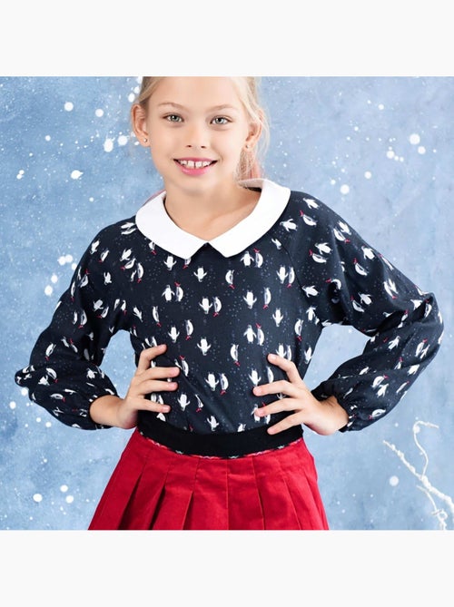 Blouse de Noël pour Fille  Imprimé Fantaisie Pingouin  col CLAUDINE - 'LA FAUTE A VOLTAIRE' - Kiabi