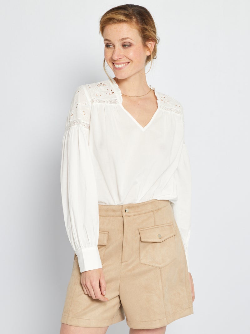 Blouse détails macramé et broderie blanc - Kiabi