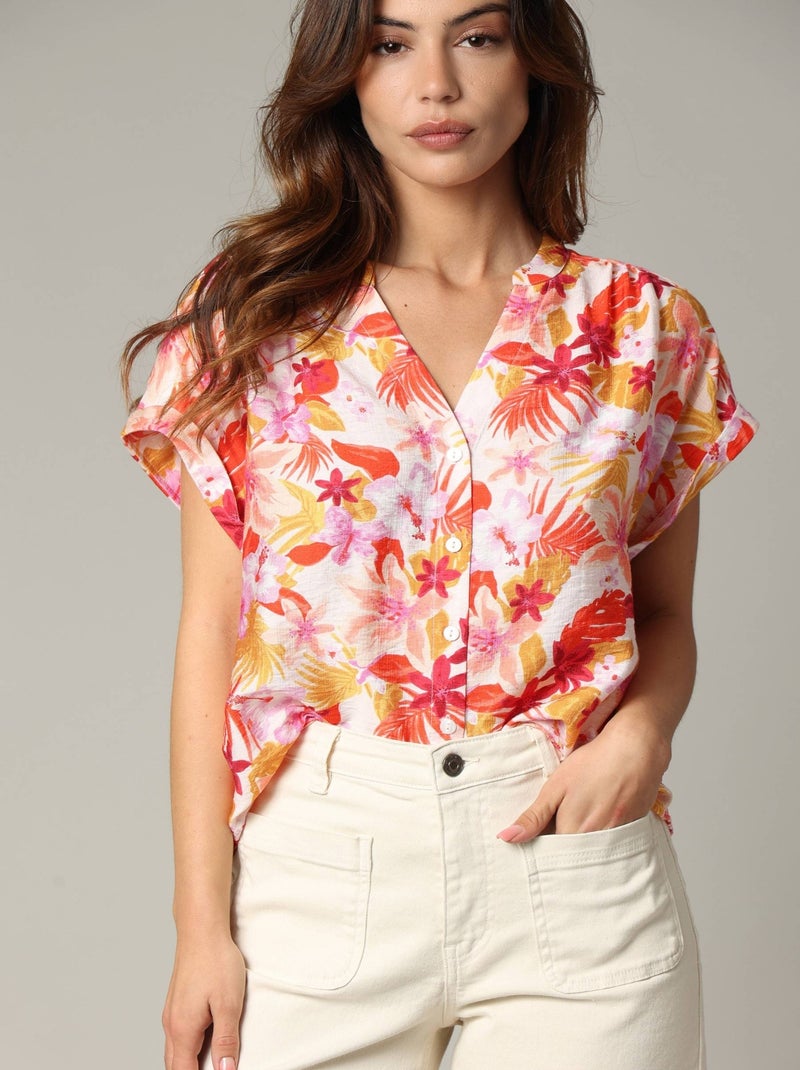 Blouse DIALA en viscose, coupe droite avec imprimé tropical 'Deeluxe' Orange corail - Kiabi