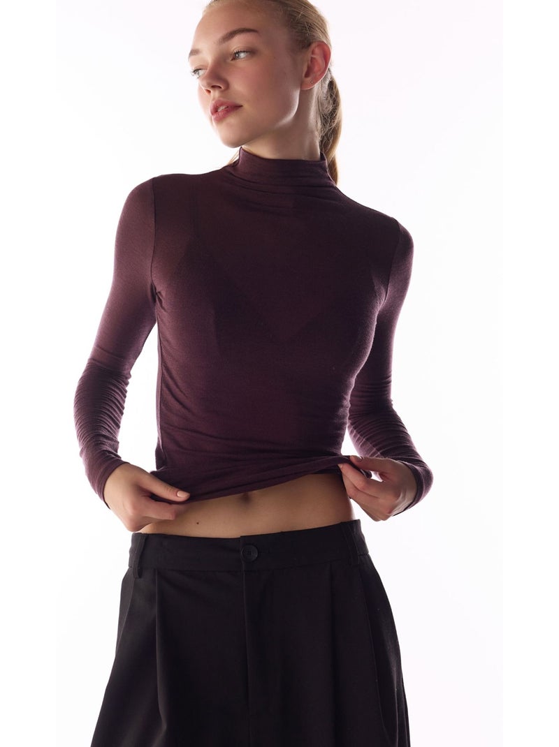 Blouse en cachemire à col montant et manches longues penti Rouge bordeaux - Kiabi